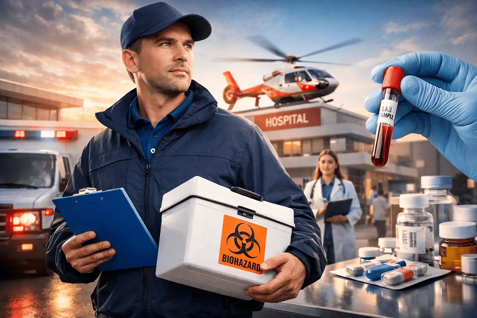 Medical courier delivering lab samples and medical supplies in Boston.
